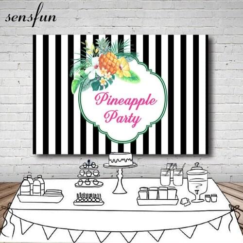 Sensfun Black And White Striped Backdrop Flower Pineapple Birthday Party Backgrounds For Photo Studio Customized 7x5FT Vinyl