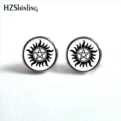 NES-0042 Supernatural Sam Dean Ear Stud Supernatural Symbol Stud Earrings Jewelry Glass Cabochon Earrings HZ4