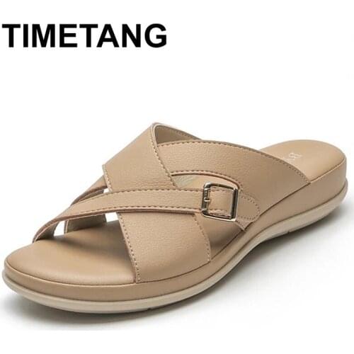 TIMETANG Shoes Women Slippers Summer Low Pantofle Big Size Slides Rubber Flip Flops On A Wedge Soft 2021 Genuine Leather Hawaiia