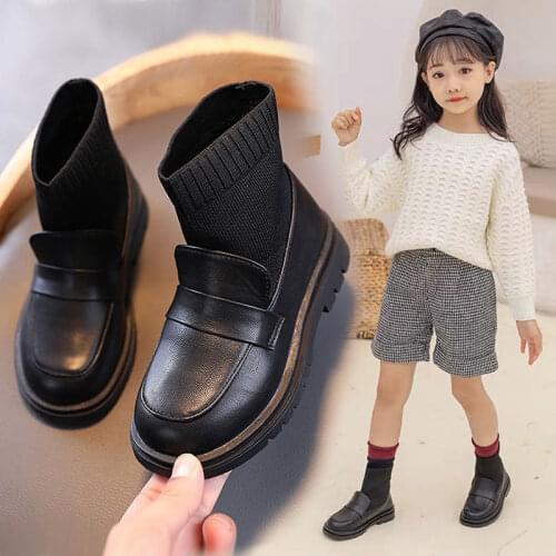Stylish 2020 Girls Autumn Winter Plush Warm Shoes Princess shoes British style Sock Leather Shoes Kids Soft Sole Single Shoes