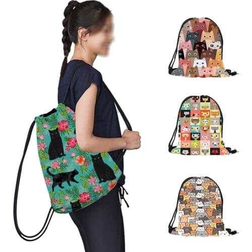 Floral Cat Print Drawstring Bag Boys Girls Storage Bags Teenager Casual GYM Sport Traveling Backpack Kids Bookbag Gift