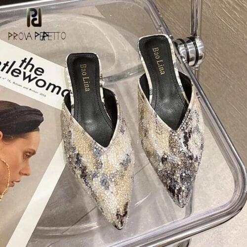 Retro Pointed Toe V-mouth Flower Cloth Muller Shoes Summer French Ladies Style Shiny Luxury Rhinestone Half Slippers