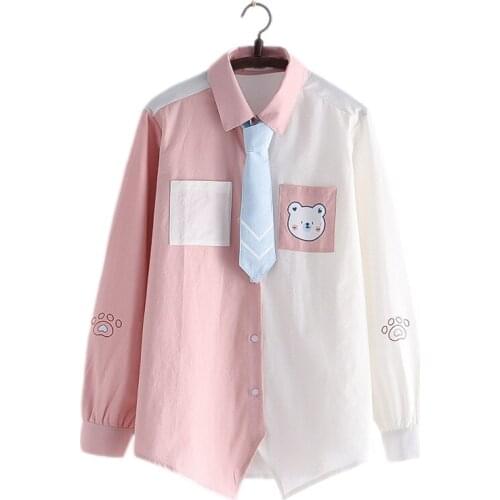 Japanese Preppy Style Kawaii Blouse Teen Girls Tops Cute Bear Print Long Sleeve School Uniform Button Down Tie Front Pink Shirts