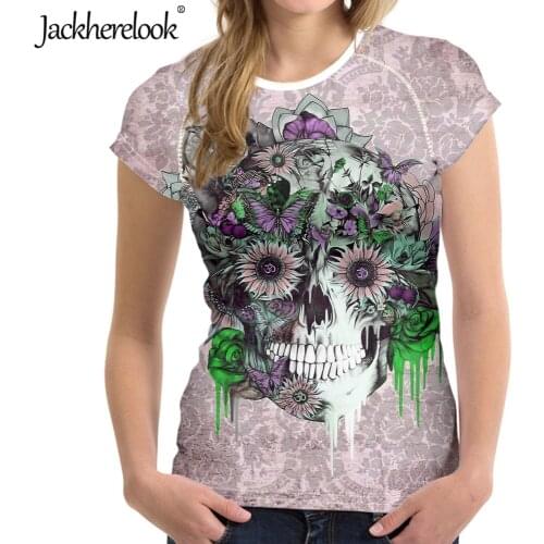 Jackherelook Butterfly Floral Sugar Skull Printed Women T Shirt Casual Short Sleeve Tops Tee Shirt Fashion Girls O-neck T-shirts