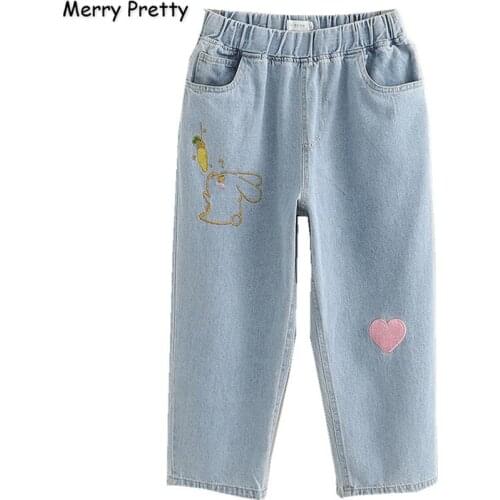 Womens Denim Calf Length Pants Cartoon Embroidery Pockets Jeans For Girl 2020 Spring New High Waist Straight Pant MERRY PRETTY