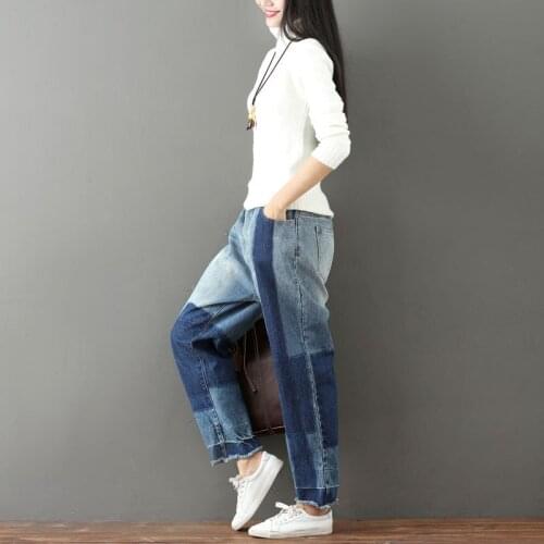 New Arrival Straight Pants Womens Large Size Color Wash Washed Vintage Tassel Harem Pure Cotton Casual Fashion Patchwork Jeans