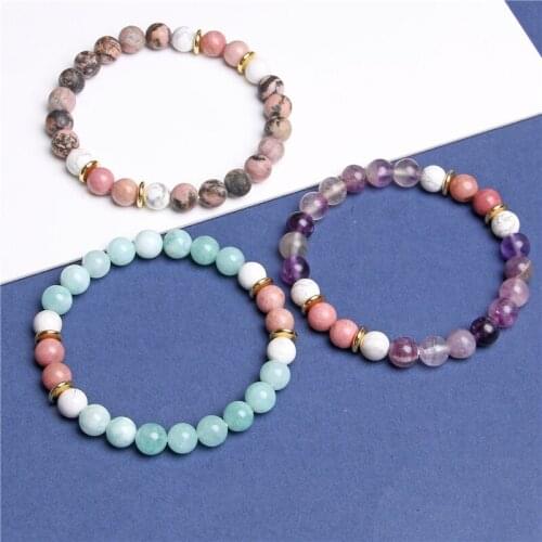 Women Bracelet Pink Natural Stone Mix Colorful Quartzs Crystal Bangle Chalcedony Jade Rhodochrosite Reiki Agates Jewelry Pulsera