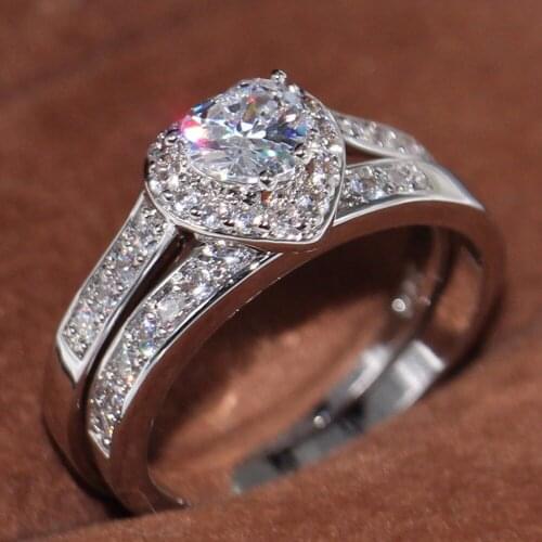 Hot 50% Big Promotion Luxury Jewelry 10KT White Gold Filled Pear Cut 5A Zirconia CZ Women Wedding Bridal Heart Ring Set Gift