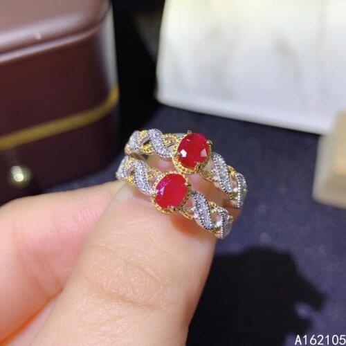 925 Pure Silver Chinese Style Natural Ruby Womens Luxury Vintage Two Color Adjustable Gemstone Ring Fine Jewelry Support Detect