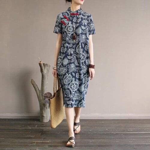 Chinese style Print Women Knee length Dress Vintage Cotton and Linen Casual Summer Dress Women Brand Qipao Dress
