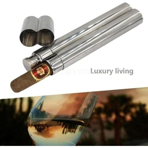 100Pcs/Lot NEW Portable 2 0Z Stainless Steel Flask With Cigar Tube Funnel Holder Travel Case