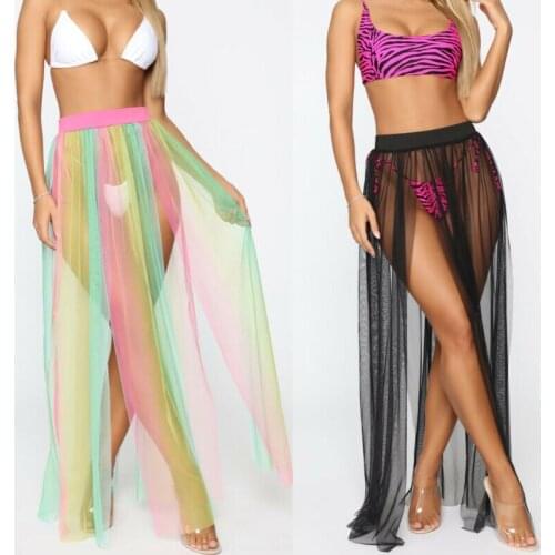 2021 Sexy Women Bikini Cover Up Skirt Solid Mesh Perspective Swimwear Long Skirt Summer Maxi Wrap Beach Sarong Dress Covers