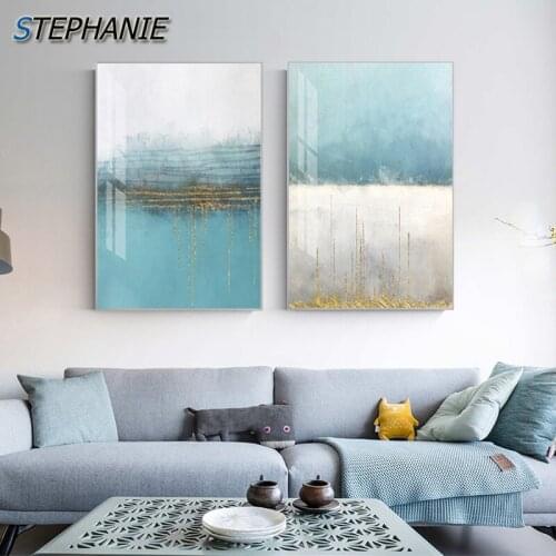 Abstract Golden Foil Blue Poster Modern Print Unique Stylish Decor Wall Art Pic for Living Room Abstract Canvas Painting Tableau