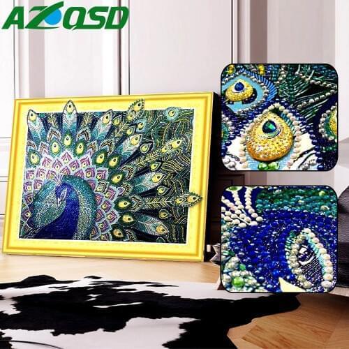 AZQSD Diamond Painting Peacock Special Shaped Partial Round Drill Wall Art 5D DIY Diamond Mosaic Animal Home Decor Gift