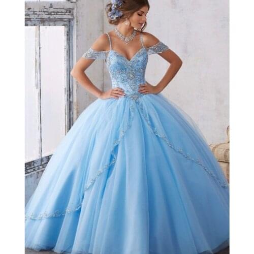 Elegant Baby Blue Prom Dresses Ball Gown Lace Beaded V-Neck Spaghetti Straps Formal Evening Long Gowns robe bal de promo