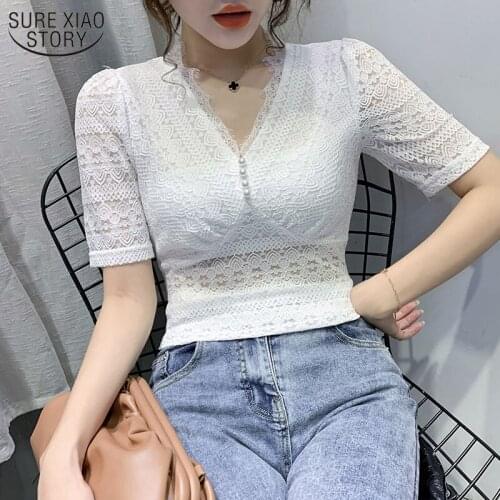 Blusas Mujer Summer New Feminine V-neck Lace Shirt Sexy Splicing Wild Short-sleeve Blouse Female Blouse Tops Lace Shirt 14477