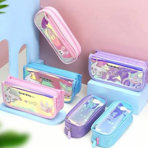 Color laser Girls pencil case Double layer pen case School stationery bag cute pen bag kawaii pencil bag gifts for girl student