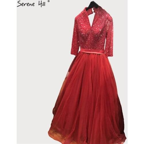 Dubai Red Long Sleeves Sexy Evening Dresses 2020 V-Neck Beading Lace Up A-Line Evening Gowns Serene Hill LA70261