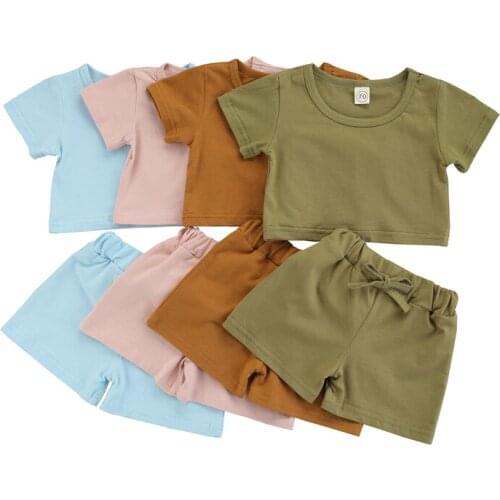 FOCUSNORM 4 Colors Summer Causal Kids Girls Boys Clothes Sets 2pcs Solid Short Sleeve Pullover T Shirts Shorts 0-4Y