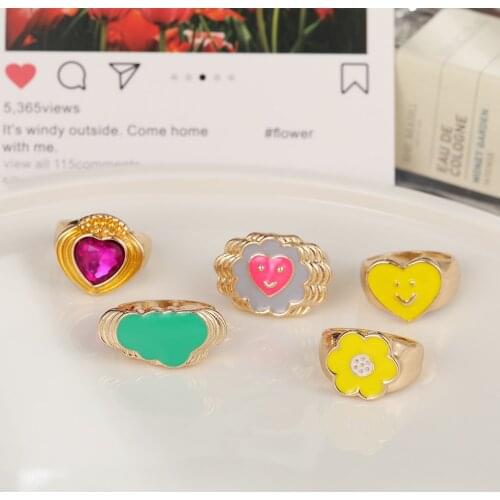Smile Ring Enamel Thick Ring Size Luxury Spring Fine Lucky Jewelry Heart Clouds Rings for Women Gift