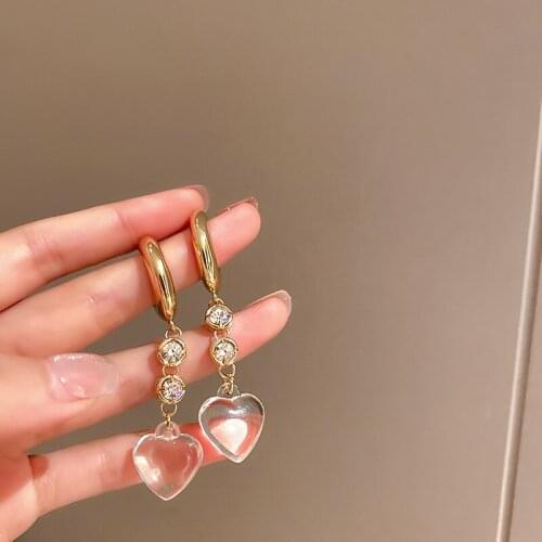 Korean Fashion Transparent Crystal Heart Pendant Earrings for Women Girls Zircon Inlaid Earrings Vintage Party Jewelry