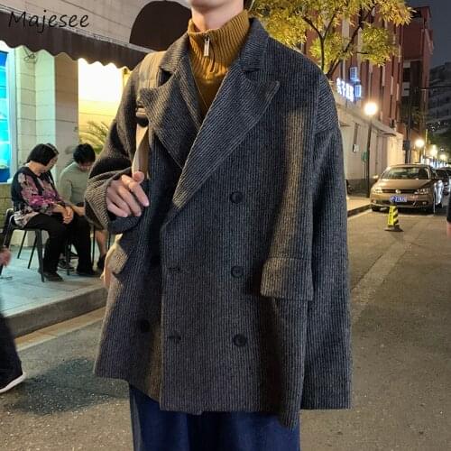 Men Blends Double Breasted Long Sleeve Turn-down Collar Ribbed Retro Fall Winter Mens Jackets Korean Style Ins Trendy Leisure