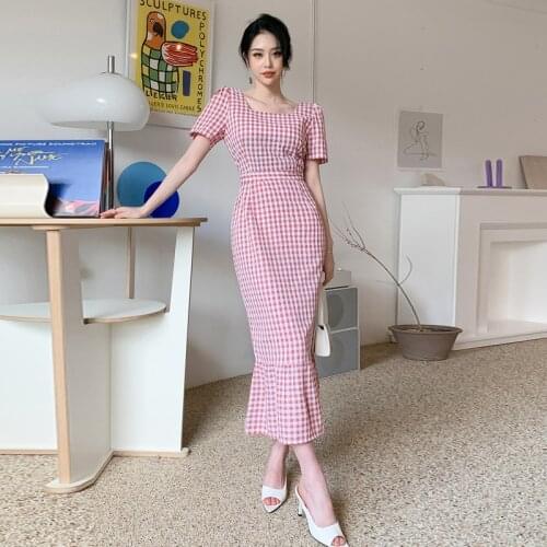 Fashion Summer Retro Streetwear Long Party Dress Ladies Sweet Square Collar Short Sleeve Casual Plaid Print Beach Vacation Dress