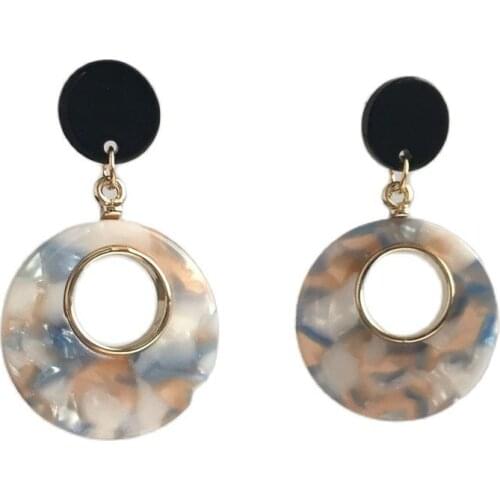 Trendy Marble Acrylic Light Blue Dark Brown Hollow Circle Linked Drop Earrings For Women Girl Casual Classic Jewelry Accessory