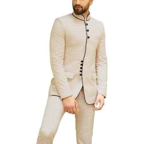 Custom Made Men Suits Beige Groom Tuxedos Mandarin Lapel Groomsmen 2 Pieces Wedding/Prom Best Man ( Jacket+Pants+Tie ) D2