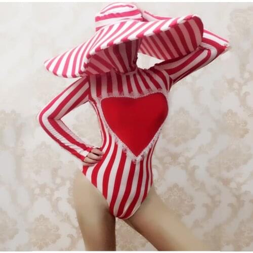 New Nightclub Bar GoGo Costume Sexy Red Striped Bodysuit Female Singer DJ Performance Costume Halloween Cosplay Jumpsuit DWY3319