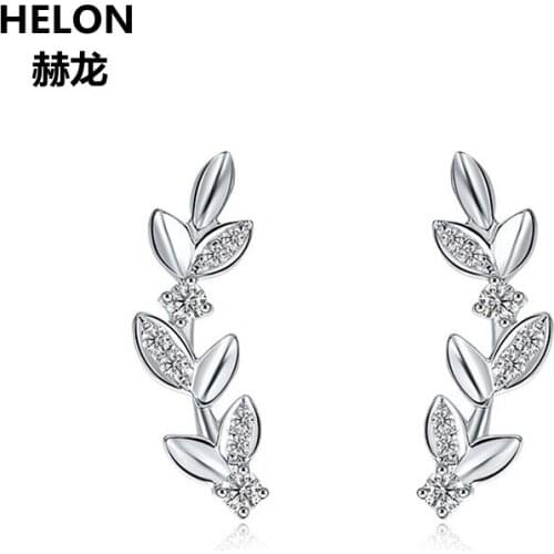Solid 14k White Gold Natural Diamonds Women Stud Earrings Leaves Trendy Party Earrings Fine Jewelry