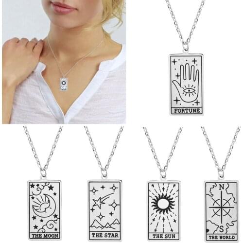 Stainless Steel Necklace Astrology Divination Amulet Fortune Star Moon Sun Heart World Pendant Chain Necklace Jewelry Gifts