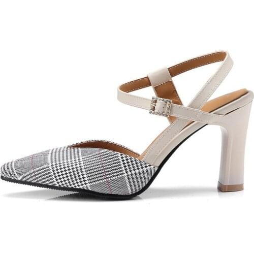 Plus size 34-46 Fashion Women Pumps Sandals Jacquard Fabric Plaid High Heel Summer Pointed Toe Shoes Casual Sexy Party Bu