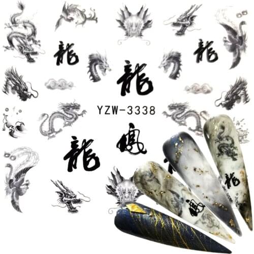 YWK Nail Water Stickers Black Chinese Style Dragon / Eagle Design Nail Art Stickers Decals DIY Beauty Creative Nail Decorations