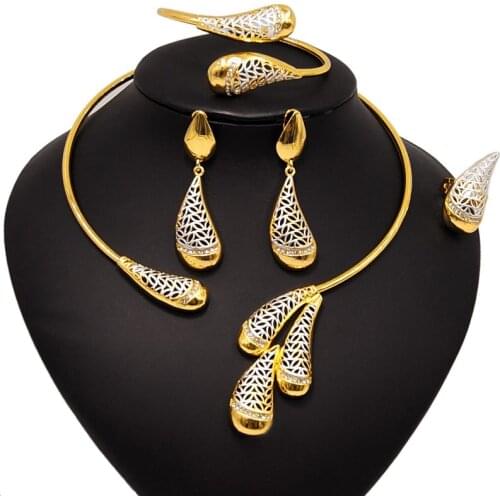 Yulaili Dubai Gold Jewelry Sets For Women Elegant Choker Necklace Drop Earrings Bracelet Ring Party Wedding Engagement Jewelery