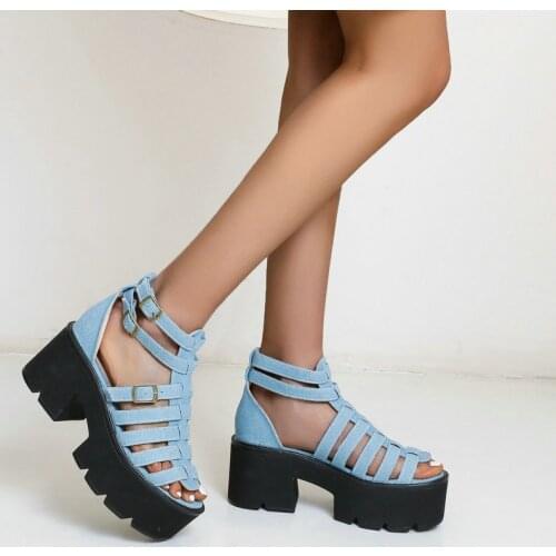 2021 New Platform Square High Heel Women Sandals Gladiator Buckle Summer Womens Shoes PU Leather Women Open Toe Shoes Big Size