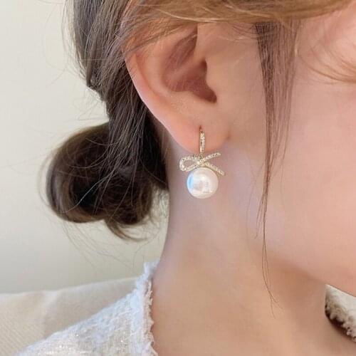 2021 NEW Trendy Crystal Bowknot Pearl Drop Earrings For Women Simple Elegant Korean Fashion Female Jewelry Gift
