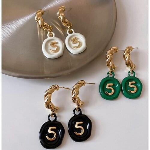 AOMU 2021 Autumn S925 European Vintage Trendy Black White Green Digital Chain Metal Drop Earrings for Women Daily Accessories