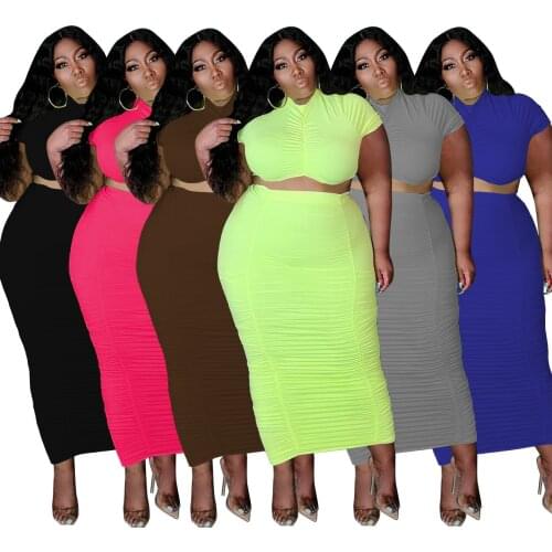 Plus Size Women Solid Color Casual Two Piece Sets High Waist Bodycon Shirring Ankle-Length Skirts + O-neck Crop Tops Outfits