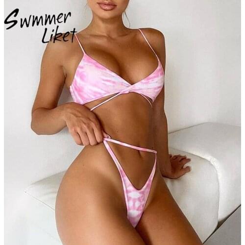 Pink tie-dye swimsuit women Bandeau bikinis 2020 mujer Cross bandage swimwear female Sexy bikini High cut bathing suit biquini