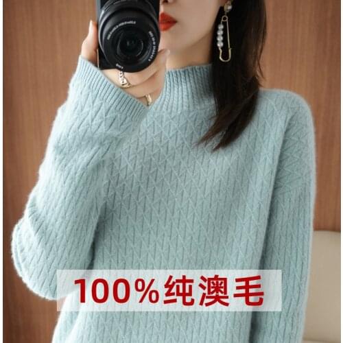 21 New style 100% pure wool sweater ladies half high neck long sleeve knitted pullover loose high-end cashmere sweater Regular