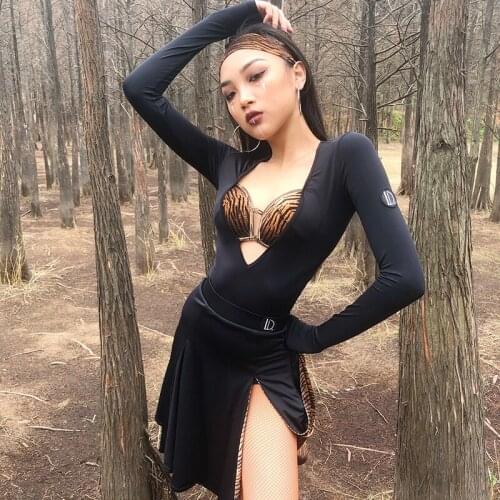 2021 New Latin Dance Performance Dress Sexy Long Sleeve Tops Split Skirt Suit Chacha Samba Tango Latin Dance Costumes Dancewear