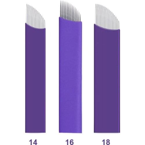 100PCS Disposable Purple Semi-Permanent Microblading Shading Blades Tattoo 14/16/18 Pins Fog Eyebrow & Lips Needle