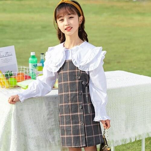 2021 Girls Clothes Sets Spring Kids Tops Shirts + Suspender Dress 2 Pcs Set Children Girl Autumn Plaid Dresses Suits 4-14Y