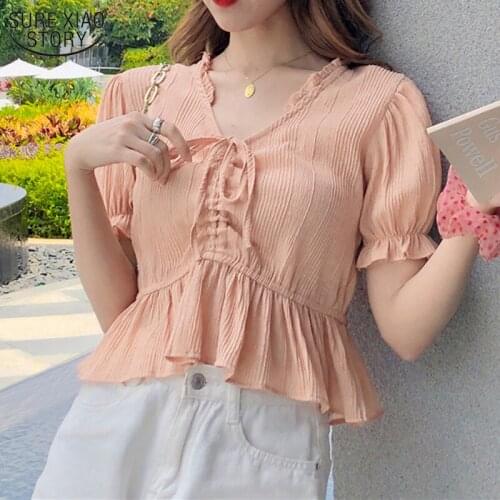 2021 Summer Short Sleeve Womans Blouses V Neck Puff Sleeve Korean Drawstring Chiffon Blouse Solid Super Short Slim Shirts 10029
