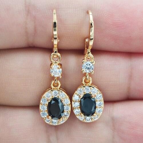 AAA+ Cubic Zirconia Gold Color Fashion Women Oval Black CZ Dangle Earrings Jewelry