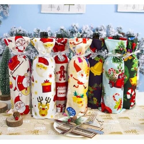 Wine Bottles Cover Cloth Polyester Cotton Velvet Multiple Christmas Prints New Year Party Table Decorative Ornament