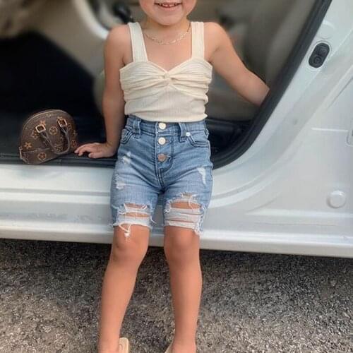 Kids Girls Summer Casual 2Pcs Outfits Fashion Solid Color Twisted Suspender Tops and Ripped Denim Short Pants, 2-7Years