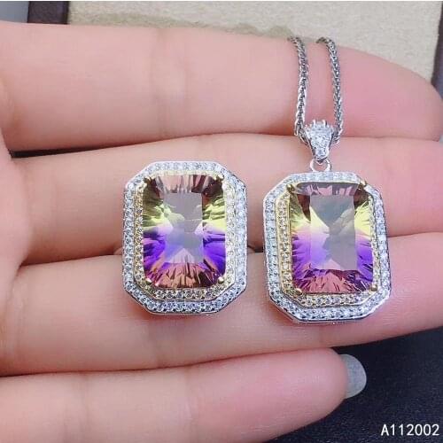 KJJEAXCMY fine jewelry Ametrine 925 sterling silver women gemstone pendant necklace chain ring set exquisite hot selling
