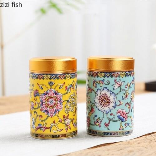 Ceramic Jar with Metal Lid Tea Can Sealed Cans Small Storage Tank Portable Tea Caddy Tea Box Candy Jar Tea Organizer Storage Box